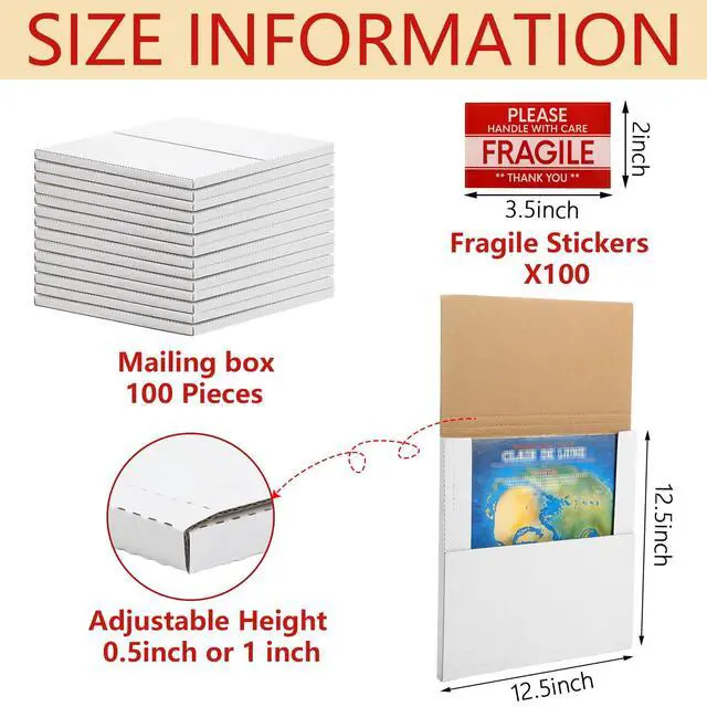 Alt view image 2 of 7 - 100 Pack Vinyl Record Mailers 12.5" x 12.5" x 1" White Vinyl Record Shipping Boxes Cardboard Lp Mailing Box Adjustable Height Album Mailer with Fragile Stickers for Small Business Package