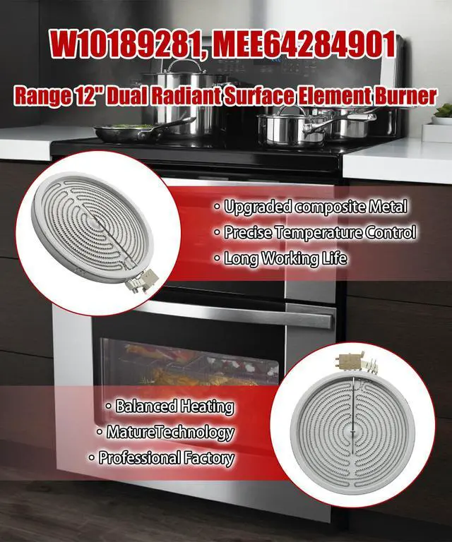 Alt view image 3 of 5 - W10189281 12" Range Oven Dual Radiant Surface Element Heater | Fits For Whirlpool Maytag Samsung LG,1900W 9"/3000W12 Stove Burner Replaces MEE64284901,DG47-00056A,DG47-00064A,MEE64286401