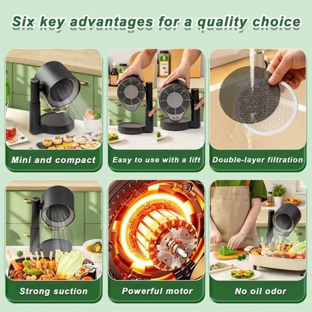 Alt view image 5 of 7 - Portable Range Hood, Kitchen Cooking Desktop Exhaust Fan, Small Countertop Range Hood, 3-Speed Smoke Removal, Low Noise, Telescoping Height, Filter & Oil Cup, for Apartments, Dorm, RV, Indoor BBQ