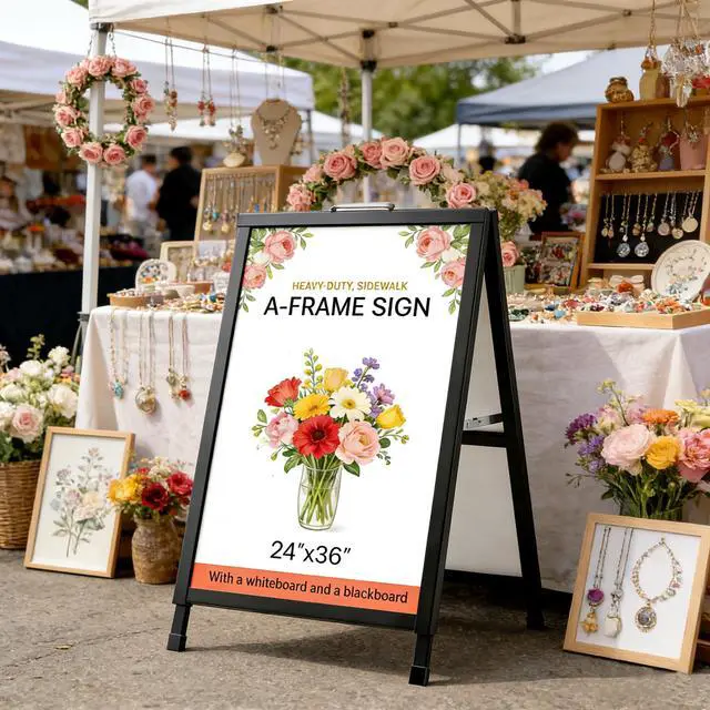 Alt view image 6 of 7 - Folding A Frame Sign Sidewalk Sign 24x 36 Inch Sandwich Board Heavy Duty Pavement Double-Sided Sign With Drawable Whiteboard and Blackboard (24x36" With Whiteboard and Blackboard)