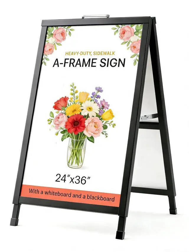 Alt view image 7 of 7 - Folding A Frame Sign Sidewalk Sign 24x 36 Inch Sandwich Board Heavy Duty Pavement Double-Sided Sign With Drawable Whiteboard and Blackboard (24x36" With Whiteboard and Blackboard)