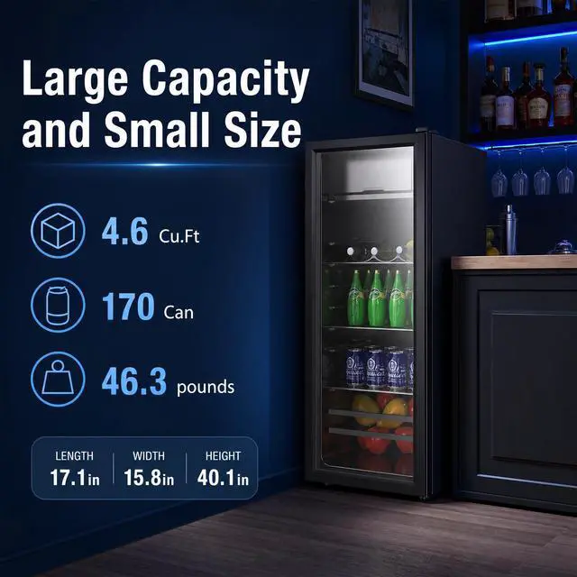 Alt view image 2 of 7 - 170 Can Beverage Refrigerator, Wine Cooler with 7 Adjustable Thermostat | Freestanding Drink Fridge with LED Light for Home Office Dorm, Black