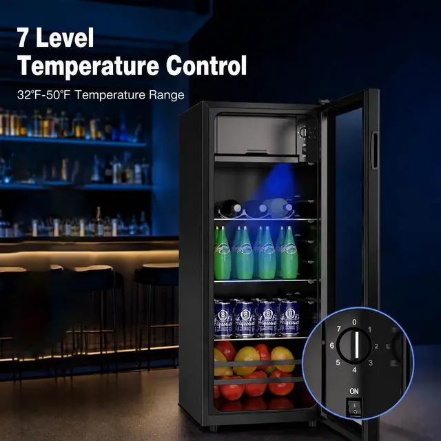 Alt view image 3 of 7 - 170 Can Beverage Refrigerator, Wine Cooler with 7 Adjustable Thermostat | Freestanding Drink Fridge with LED Light for Home Office Dorm, Black