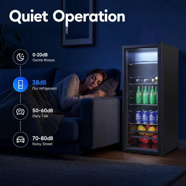 Alt view image 6 of 7 - 170 Can Beverage Refrigerator, Wine Cooler with 7 Adjustable Thermostat | Freestanding Drink Fridge with LED Light for Home Office Dorm, Black