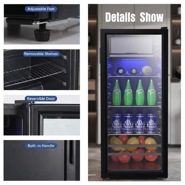 Alt view image 7 of 7 - 170 Can Beverage Refrigerator, Wine Cooler with 7 Adjustable Thermostat | Freestanding Drink Fridge with LED Light for Home Office Dorm, Black