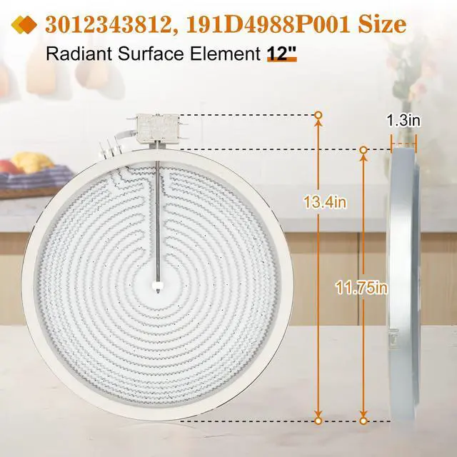 Alt view image 3 of 7 - 3012343812 Radiant Single Surface Element 12" 3000/1950W 240V | Compatible with ge 191D4988P001, whirlpool, amana, maytag, ikea, kenmore, Replace WB30T10112 Radiant Surface