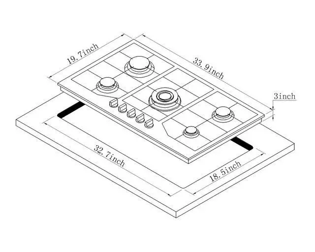 Alt view image 5 of 7 - DM5808 34 Inch Stainless Steel Built-in 5 Burner Gas Cooktop - LPG/NG Convertible Dual Fuel Gas Hob
