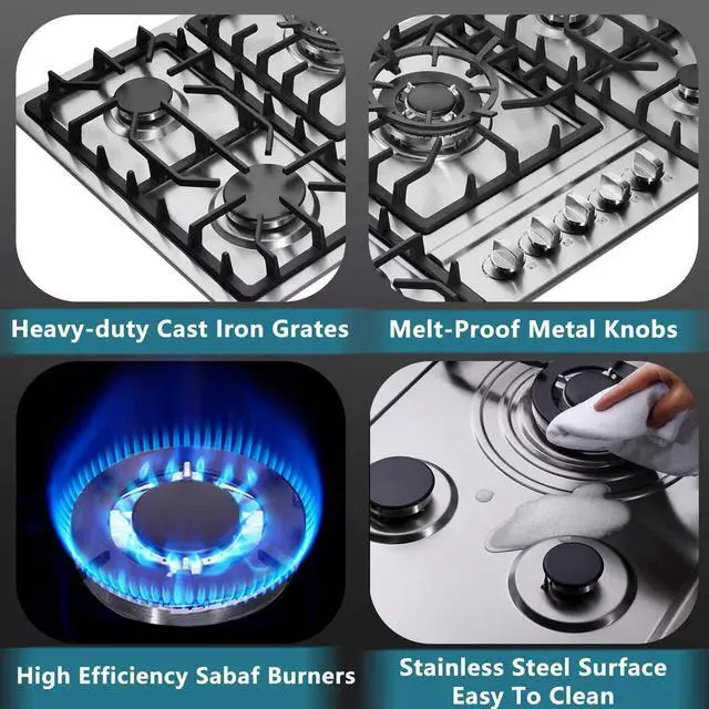 Alt view image 3 of 7 - DM5808 34 Inch Stainless Steel Built-in 5 Burner Gas Cooktop - LPG/NG Convertible Dual Fuel Gas Hob