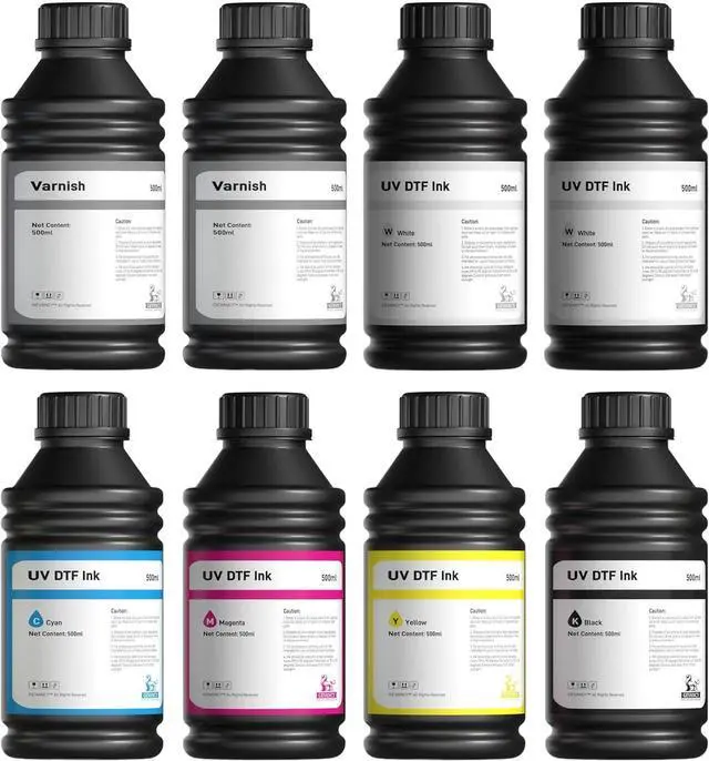 Main image of UV DTF Ink 8x500ml (CMYKWW+VV Hard Gloss Varnish) Fast-Drying UV Curable Ink for PET A/B Film Transfer, Compatible with XP600, TX800, i3200, L805, 1390, DX5/DX6/DX7, i1600, DX10