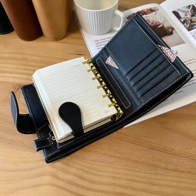 Alt view image 4 of 7 - A7 Organizer Minerva Box Genuine Leather Journal Notebook,Stalogy Rings Planner Pocket size Notebook with 25MM Binder Mini Agenda Diary (Black)