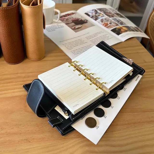 Alt view image 6 of 7 - A7 Organizer Minerva Box Genuine Leather Journal Notebook,Stalogy Rings Planner Pocket size Notebook with 25MM Binder Mini Agenda Diary (Black)