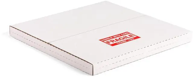 Main image of 12-inch Vinyl Record Mailers, 12.8x12.8x1-inch, White, 50 Pack | LP Albums Shipping Boxes, Corrugated Cardboard Box, Multi-Depth, Easy-Fold, with Fragile Stickers