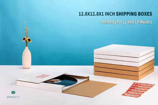 Alt view image 2 of 7 - 12-inch Vinyl Record Mailers, 12.8x12.8x1-inch, White, 50 Pack | LP Albums Shipping Boxes, Corrugated Cardboard Box, Multi-Depth, Easy-Fold, with Fragile Stickers