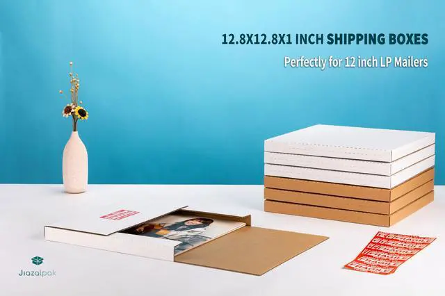 Alt view image 3 of 7 - 12-inch Vinyl Record Mailers, 12.8x12.8x1-inch, White, 50 Pack | LP Albums Shipping Boxes, Corrugated Cardboard Box, Multi-Depth, Easy-Fold, with Fragile Stickers