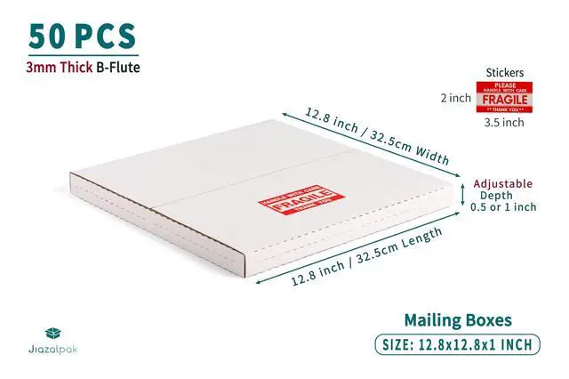 Alt view image 4 of 7 - 12-inch Vinyl Record Mailers, 12.8x12.8x1-inch, White, 50 Pack | LP Albums Shipping Boxes, Corrugated Cardboard Box, Multi-Depth, Easy-Fold, with Fragile Stickers