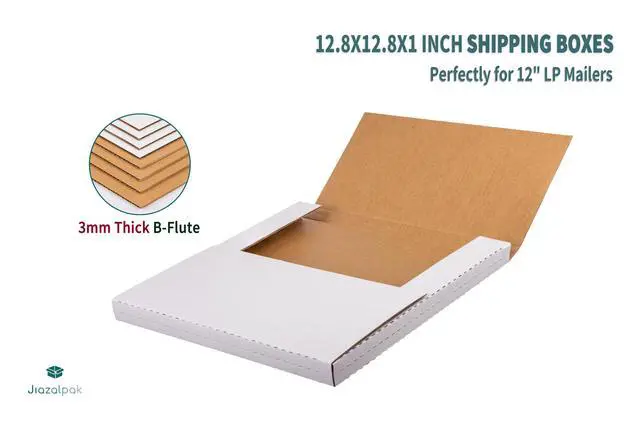 Alt view image 7 of 7 - 12-inch Vinyl Record Mailers, 12.8x12.8x1-inch, White, 50 Pack | LP Albums Shipping Boxes, Corrugated Cardboard Box, Multi-Depth, Easy-Fold, with Fragile Stickers