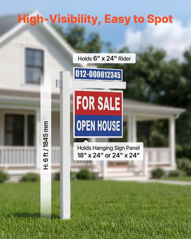 Alt view image 3 of 7 - Real Estate Sign Post, 6 ft Tall, PVC Realtor Yard Sign Holder with 36 in Arm Holds up to 24 in, Easy to Install, Wind-Resistant, for Open House and Home, Yard, Road, Outdoor, White (No Signs)