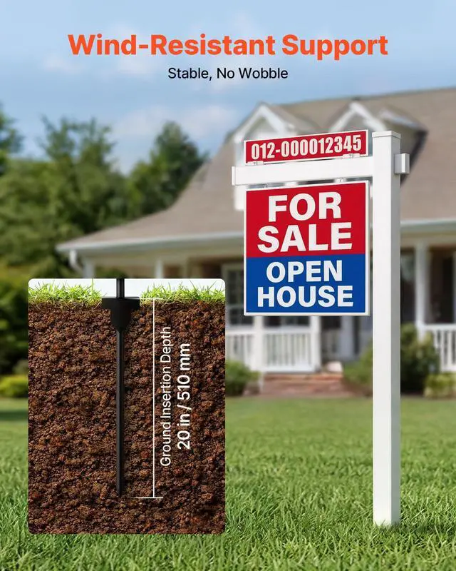 Alt view image 4 of 7 - Real Estate Sign Post, 6 ft Tall, PVC Realtor Yard Sign Holder with 36 in Arm Holds up to 24 in, Easy to Install, Wind-Resistant, for Open House and Home, Yard, Road, Outdoor, White (No Signs)