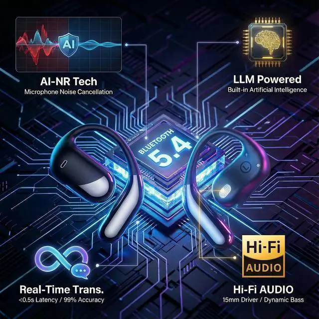 Alt view image 6 of 7 - AI Translation Earbuds Real Time 194 Languages Translator Earbuds, No Subscription, 60H Battery Open Ear Bluetooth 5.4 Headphones, Audifonos Traductores Inglés Español for Travel Business Learning