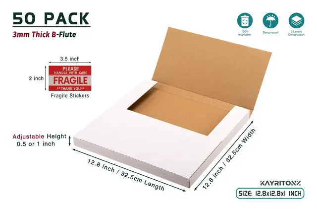 Alt view image 2 of 7 - 12.8x12.8x1 inch Shipping Boxes, Vinyl Record LP Mailer, 50-Pack | Cardboard Box for Album, Book Mailing, Packaging, Moving, Storage, with Fragile Stickers, Multi-Depth, White