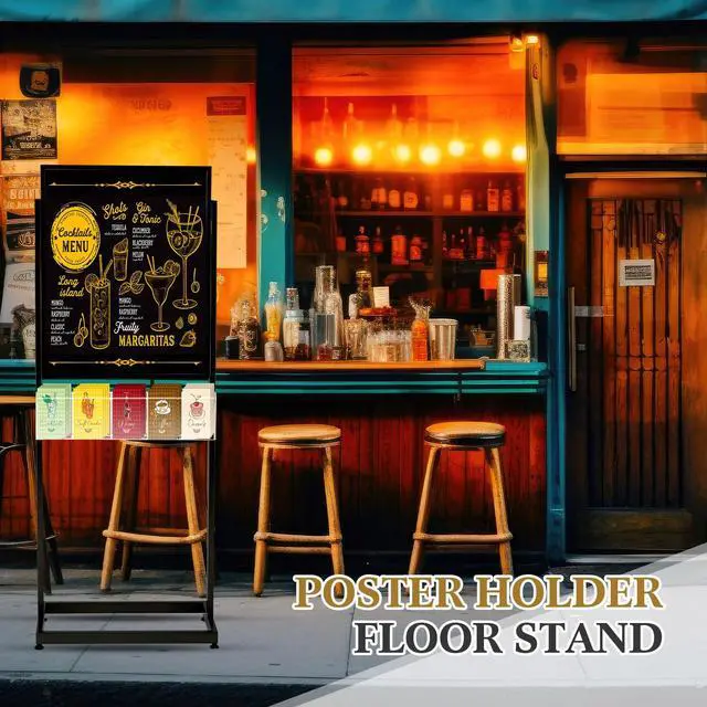 Alt view image 2 of 6 - 22" x 28" Metal Poster Sign Holder Floor Stand with 5 Pocket Acrylic Brochure Holder 4x9 Floor Standing Double Side Slide in Heavy Duty 63" H Non Slip for Display Outdoor Indoor Store (Black)