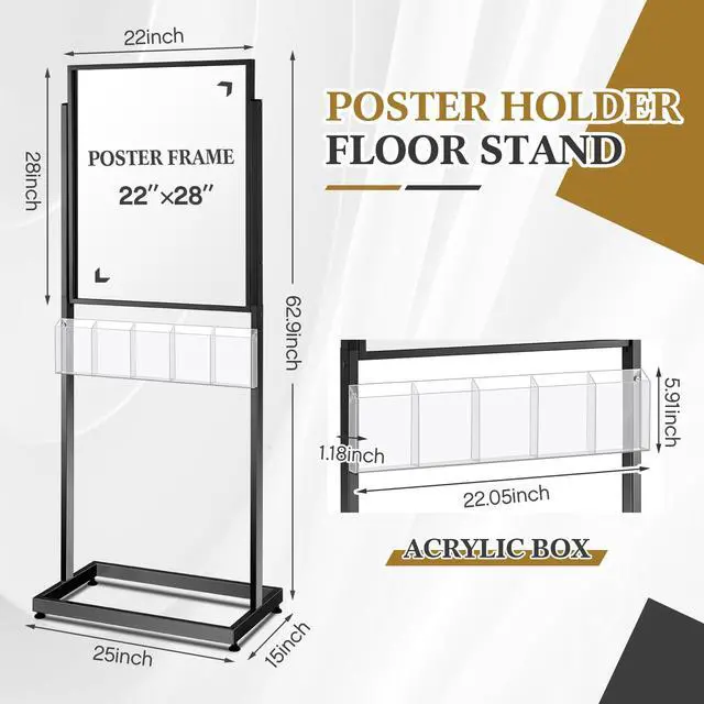 Alt view image 3 of 6 - 22" x 28" Metal Poster Sign Holder Floor Stand with 5 Pocket Acrylic Brochure Holder 4x9 Floor Standing Double Side Slide in Heavy Duty 63" H Non Slip for Display Outdoor Indoor Store (Black)