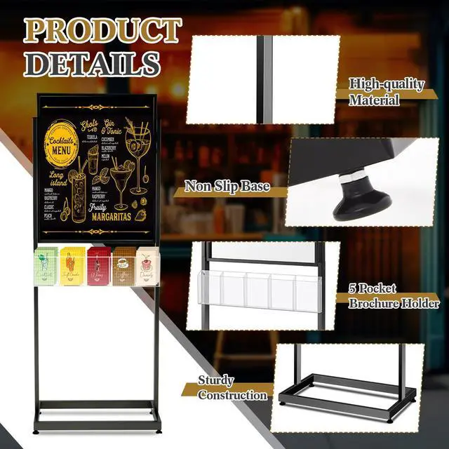 Alt view image 4 of 6 - 22" x 28" Metal Poster Sign Holder Floor Stand with 5 Pocket Acrylic Brochure Holder 4x9 Floor Standing Double Side Slide in Heavy Duty 63" H Non Slip for Display Outdoor Indoor Store (Black)
