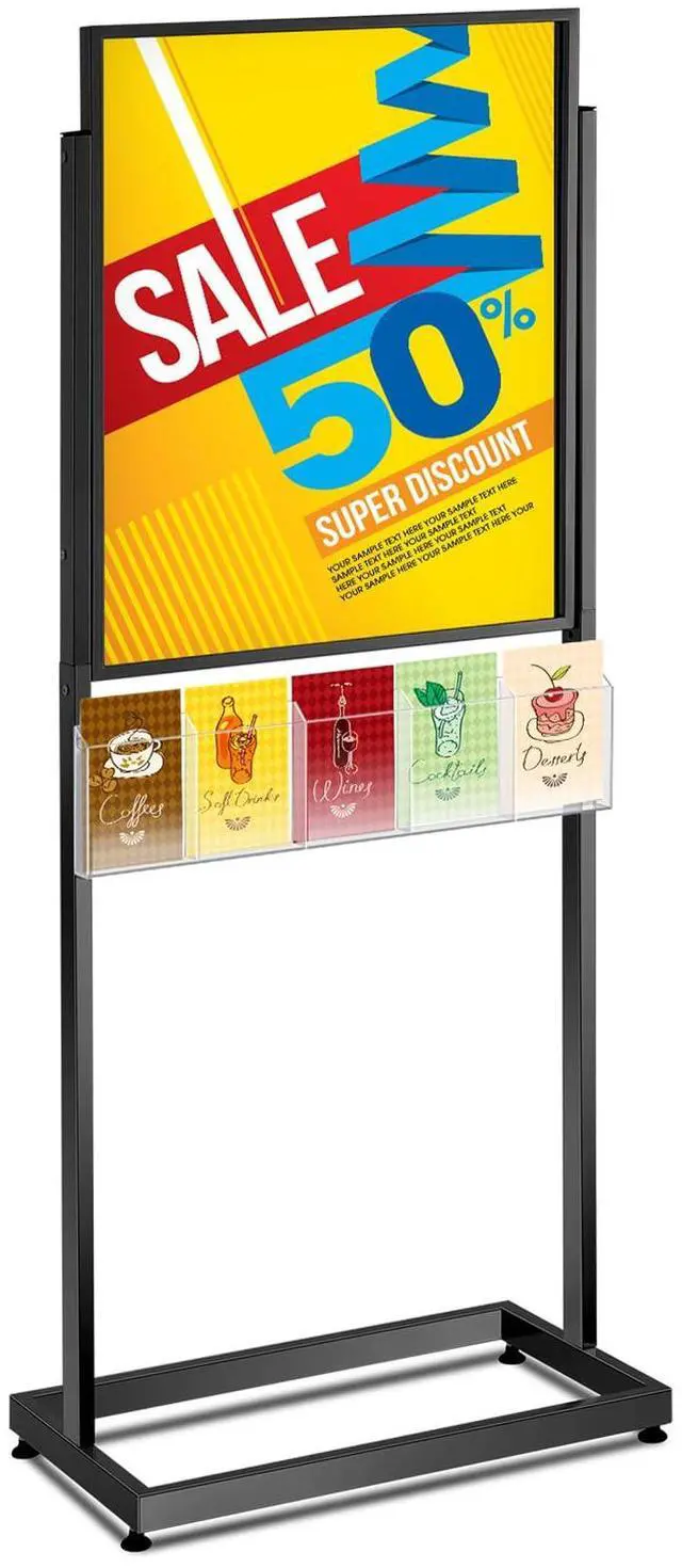 Main image of 22" x 28" Metal Poster Sign Holder Floor Stand with 5 Pocket Acrylic Brochure Holder 4x9 Floor Standing Double Side Slide in Heavy Duty 63" H Non Slip for Display Outdoor Indoor Store (Black)