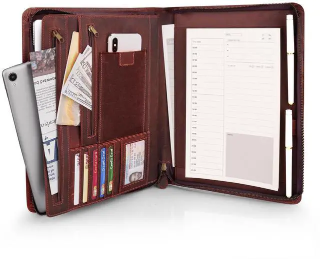 Main image of Full Grain Leather Portfolio with Zipper, Professional Business Organizer for Men Women, Executive Resume Folder with A4 Notepad Holder, Card Slots, Pen Loop, 10x13'', Luxury Gift Set (Red)