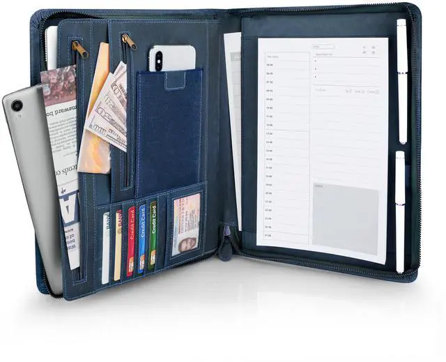 Main image of Full Grain Leather Portfolio with Zipper, Professional Business Organizer for Men Women, Executive Resume Folder with A4 Notepad Holder, Card Slots, Pen Loop, 10x13'', Luxury Gift Set (Blue)