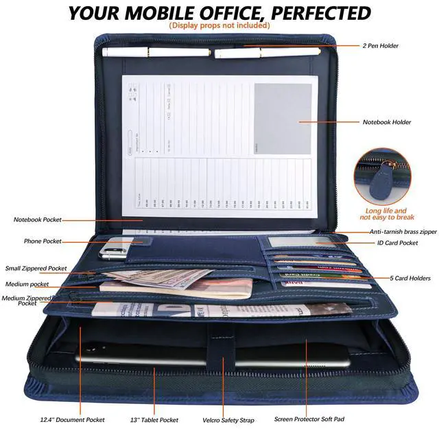 Alt view image 3 of 7 - Full Grain Leather Portfolio with Zipper, Professional Business Organizer for Men Women, Executive Resume Folder with A4 Notepad Holder, Card Slots, Pen Loop, 10x13'', Luxury Gift Set (Blue)