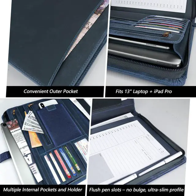 Alt view image 4 of 7 - Full Grain Leather Portfolio with Zipper, Professional Business Organizer for Men Women, Executive Resume Folder with A4 Notepad Holder, Card Slots, Pen Loop, 10x13'', Luxury Gift Set (Blue)