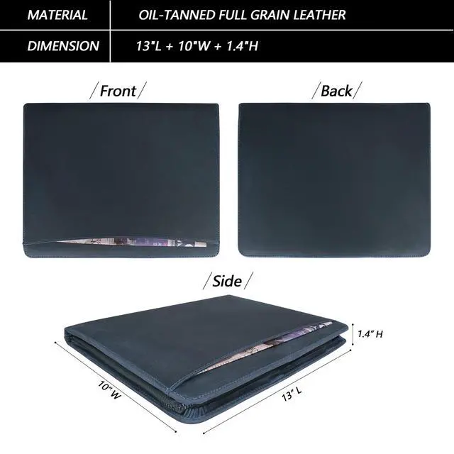 Alt view image 2 of 7 - Full Grain Leather Portfolio with Zipper, Professional Business Organizer for Men Women, Executive Resume Folder with A4 Notepad Holder, Card Slots, Pen Loop, 10x13'', Luxury Gift Set (Blue)