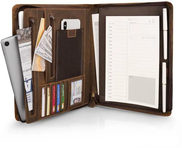 Main image of Full Grain Leather Portfolio with Zipper, Professional Business Organizer for Men Women, Executive Resume Folder with A4 Notepad Holder, Card Slots, Pen Loop, 10x13'', Luxury Gift Set