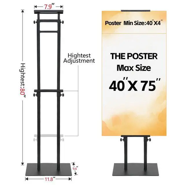 Alt view image 2 of 7 - Poster Stand, Poster Board Stand for Display, Banner Stand, Black, 4-Pack | Adjustable 43"-78", Iron Base with Non-Slip Mat, Double-Sided Dispaly, Hold up to 10 lbs, for Shop/Restaurant/Wedding