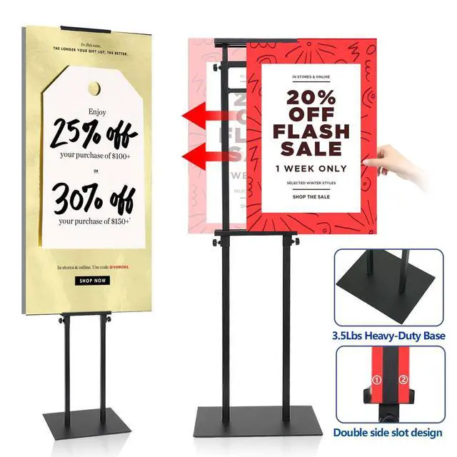 Alt view image 5 of 7 - Poster Stand, Poster Board Stand for Display, Banner Stand, Black, 4-Pack | Adjustable 43"-78", Iron Base with Non-Slip Mat, Double-Sided Dispaly, Hold up to 10 lbs, for Shop/Restaurant/Wedding