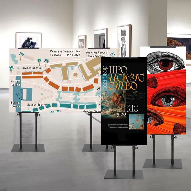 Alt view image 6 of 7 - Poster Stand, Poster Board Stand for Display, Banner Stand, Black, 4-Pack | Adjustable 43"-78", Iron Base with Non-Slip Mat, Double-Sided Dispaly, Hold up to 10 lbs, for Shop/Restaurant/Wedding