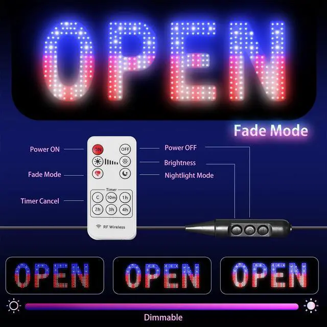 Alt view image 5 of 7 - LED Open Sign for Business, 30"L x 10"W Light Up Open Sign, Brightness Adjustable, Remote Control Open Sign for Window Store Salon Cafe Bar Shops (USA Flag Design)