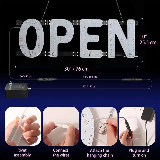 Alt view image 7 of 7 - LED Open Sign for Business, 30"L x 10"W Light Up Open Sign, Brightness Adjustable, Remote Control Open Sign for Window Store Salon Cafe Bar Shops (USA Flag Design)