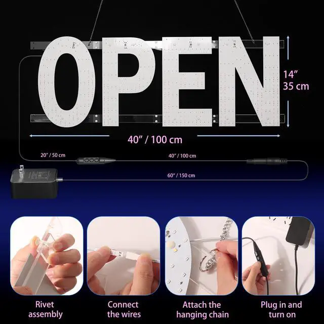 Alt view image 7 of 7 - LED Open Sign for Business, 40''L x 14''W Large LED Open Signs with Hanging Installation, Brightness Adjustable Light Up Open Sign for Window Store Salon Cafe Bar Shops (USA Flag Design)