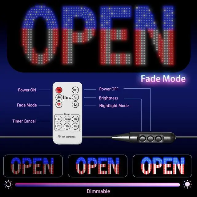 Alt view image 6 of 7 - LED Open Sign for Business, 40''L x 14''W Large LED Open Signs with Hanging Installation, Brightness Adjustable Light Up Open Sign for Window Store Salon Cafe Bar Shops (USA Flag Design)