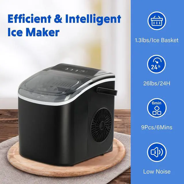 Alt view image 4 of 7 - Portable Ice Maker for Countertop, 9 Ice Cubes Ready in 6 Mins, 26lbs Ice/24Hrs, with Self-Cleaning Feature, Ice Spoon and Basket, for Home Kitchen Office Camper RV, Black