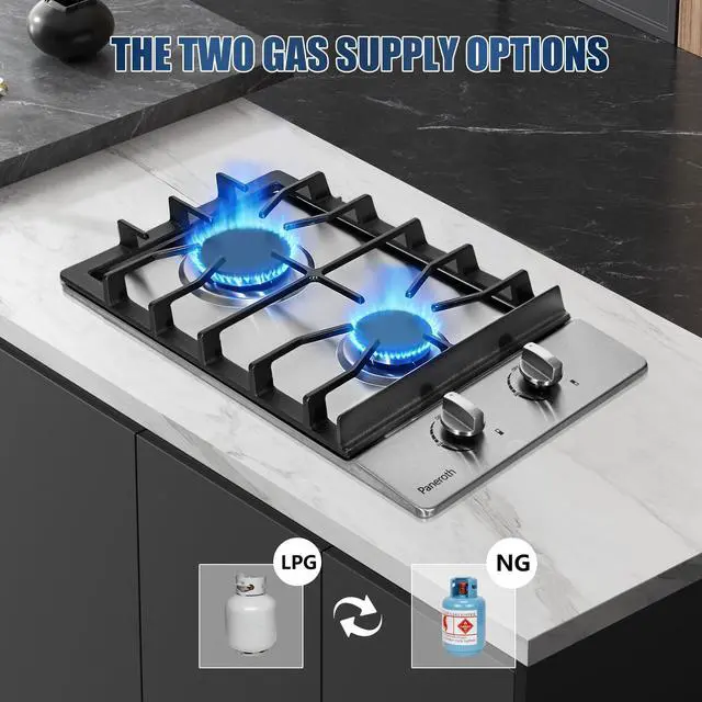 Alt view image 2 of 7 - Gas Cooktop 2 Burners, 12 Inch Stove Top Stainless Steel Built-in, Max 12000BTU Propane/Natural Gas Convertible Dual Fuel Hob for Apartments, Rvs, Outdoor
