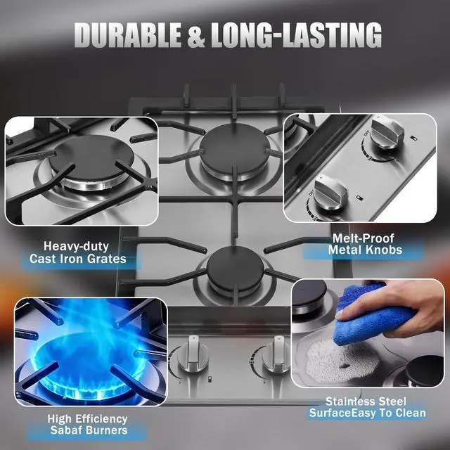 Alt view image 3 of 7 - Gas Cooktop 2 Burners, 12 Inch Stove Top Stainless Steel Built-in, Max 12000BTU Propane/Natural Gas Convertible Dual Fuel Hob for Apartments, Rvs, Outdoor