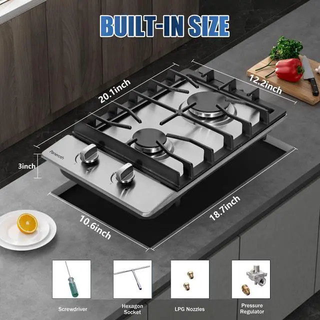 Alt view image 4 of 7 - Gas Cooktop 2 Burners, 12 Inch Stove Top Stainless Steel Built-in, Max 12000BTU Propane/Natural Gas Convertible Dual Fuel Hob for Apartments, Rvs, Outdoor