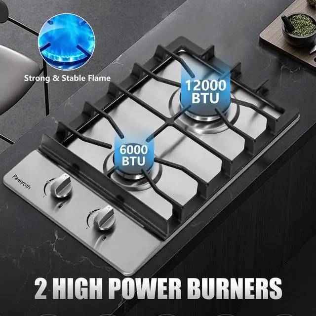 Alt view image 5 of 7 - Gas Cooktop 2 Burners, 12 Inch Stove Top Stainless Steel Built-in, Max 12000BTU Propane/Natural Gas Convertible Dual Fuel Hob for Apartments, Rvs, Outdoor