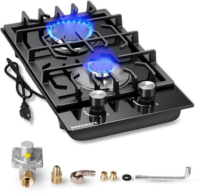 Main image of 12 Inch Gas Cooktop, 2 Burner Gas Stove Top, Built-In or Countertop Installation, Black Tempered Glass, NG/LPG Convertible, Flame Out Protection, Ideal for RVs, Apartments & Cabins