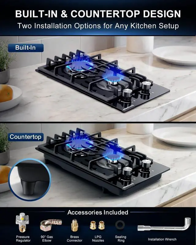 Alt view image 2 of 7 - 12 Inch Gas Cooktop, 2 Burner Gas Stove Top, Built-In or Countertop Installation, Black Tempered Glass, NG/LPG Convertible, Flame Out Protection, Ideal for RVs, Apartments & Cabins