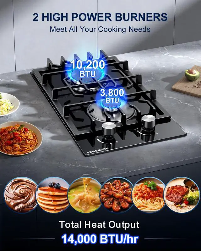 Alt view image 3 of 7 - 12 Inch Gas Cooktop, 2 Burner Gas Stove Top, Built-In or Countertop Installation, Black Tempered Glass, NG/LPG Convertible, Flame Out Protection, Ideal for RVs, Apartments & Cabins