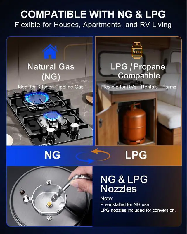 Alt view image 4 of 7 - 12 Inch Gas Cooktop, 2 Burner Gas Stove Top, Built-In or Countertop Installation, Black Tempered Glass, NG/LPG Convertible, Flame Out Protection, Ideal for RVs, Apartments & Cabins